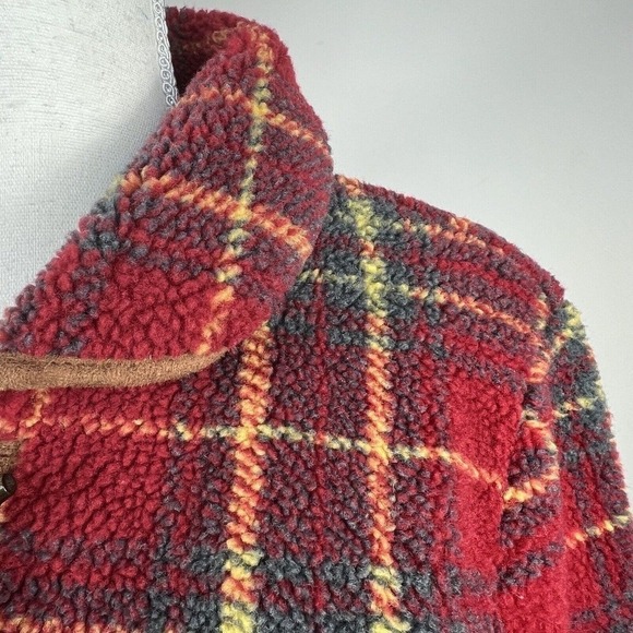 Orvis Red Plaid Fleece Sherpa Button Front Jacket S NWOT Wood Buttons - Picture 3 of 10